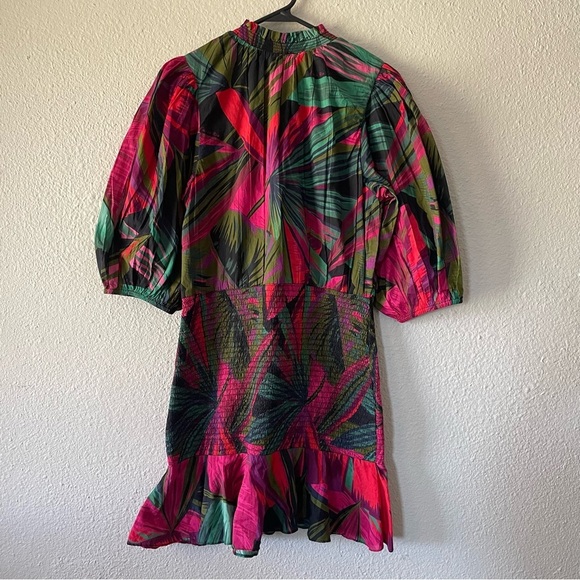 FARM Rio Midnight Leaves Mini Dress Women’s S Smocked Ruffle Puff Sleeve Cotton - Picture 8 of 16